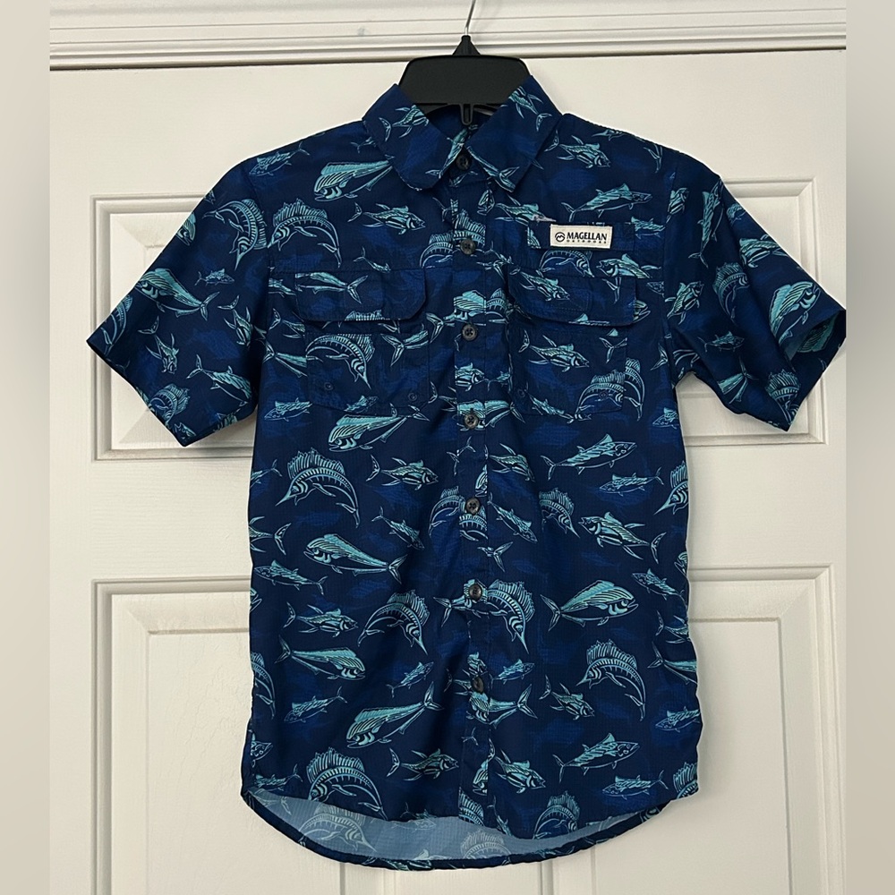 Magellan Outdoors Navy Shark Pattern Kids Fishing Shirt